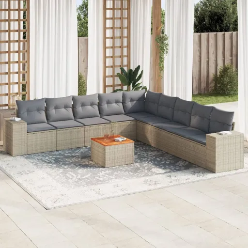 Conjunto de Sofás p/ Jardim com Almofadões Vime PE Bege (10 pcs)
