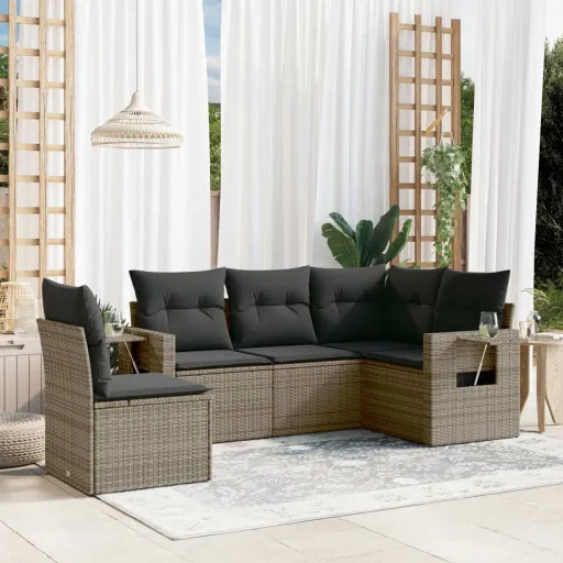 Conjunto Sofás de Jardim c/ Almofadões Vime PE Cinzento (5 pcs)