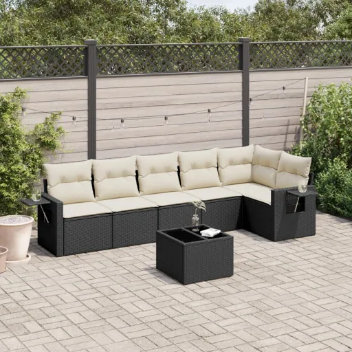 Conjunto de Sofás p/ Jardim c/ Almofadões Vime PE Preto (7 pcs)