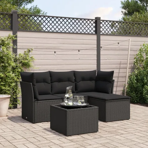 Conjunto Sofás de Jardim com Almofadões Vime PE Preto (5 pcs)