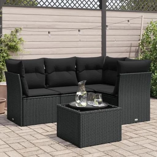 Conjunto Sofás de Jardim com Almofadões Vime PE Preto (5 pcs)