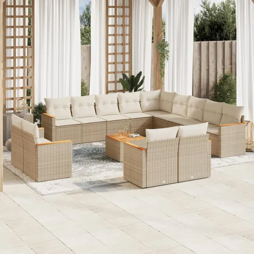Conjunto de Sofás p/ Jardim com Almofadões Vime PE Bege (14 pcs)