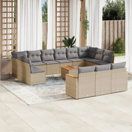 Conj. Sofás Jardim c/ Almofadões Vime PE Bege Misturado (14 pcs)