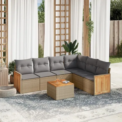 Conjunto de Sofás p/ Jardim com Almofadões Vime PE Bege (7 pcs)