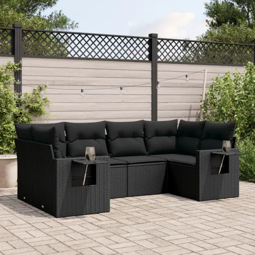Conjunto Sofás de Jardim c/ Almofadões Vime PE Preto (6 pcs)