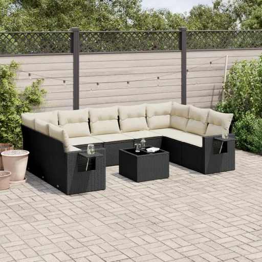 Conjunto Sofás de Jardim c/ Almofadões Vime PE Preto (10 pcs)