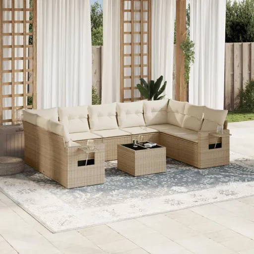 Conjunto de Sofás p/ Jardim com Almofadões Vime PE Bege (10 pcs)