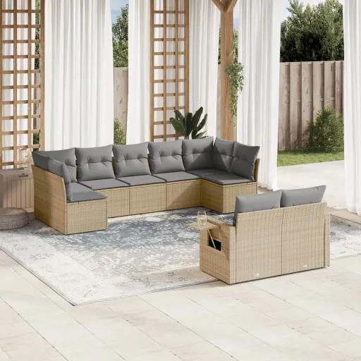 Conjunto de Sofás p/ Jardim com Almofadões Vime PE Bege (9 pcs)
