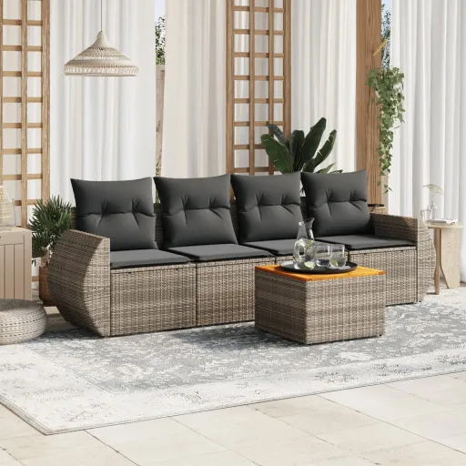 Conjunto Sofás de Jardim c/ Almofadões Vime PE Cinzento (5 pcs)