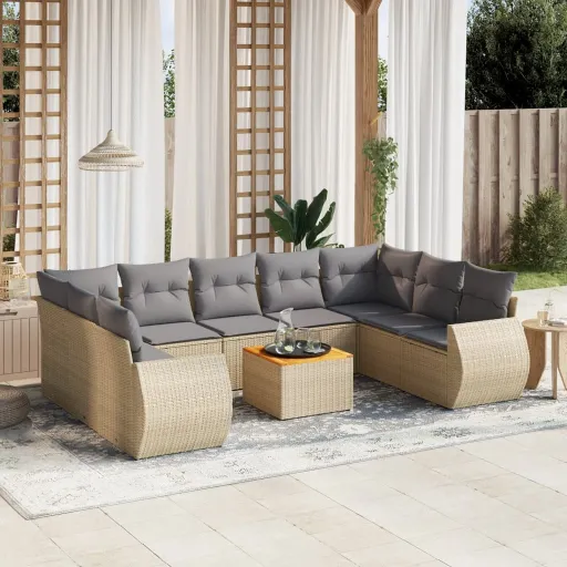 Conjunto de Sofás p/ Jardim com Almofadões Vime PE Bege (10 pcs)