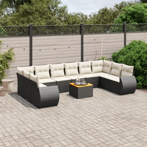 Conjunto Sofás de Jardim c/ Almofadões Vime PE Preto (11 pcs)