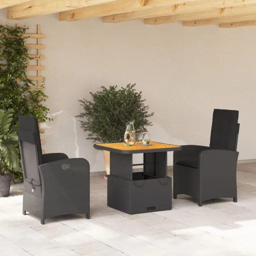 Conjunto de Jantar p/ Jardim c/ Almofadões Vime PE Preto (3 pcs)