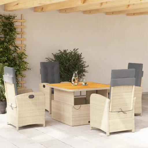 Conjunto de Jantar p/ Jardim com Almofadões Vime PE Bege (5 pcs)