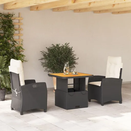 Conjunto de Jantar p/ Jardim c/ Almofadões Vime PE Preto (3 pcs)