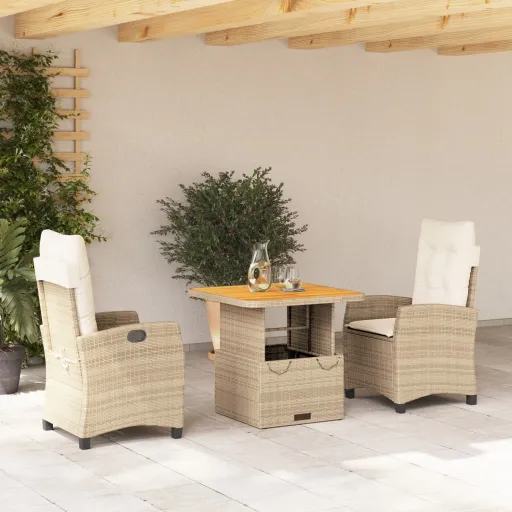 Conjunto de Jantar p/ Jardim com Almofadões Vime PE Bege (3 pcs)