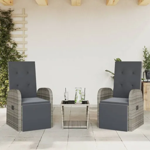 Conjunto de Jantar p/ Jardim c/ Almofadões Vime PE Cinza (3 pcs)