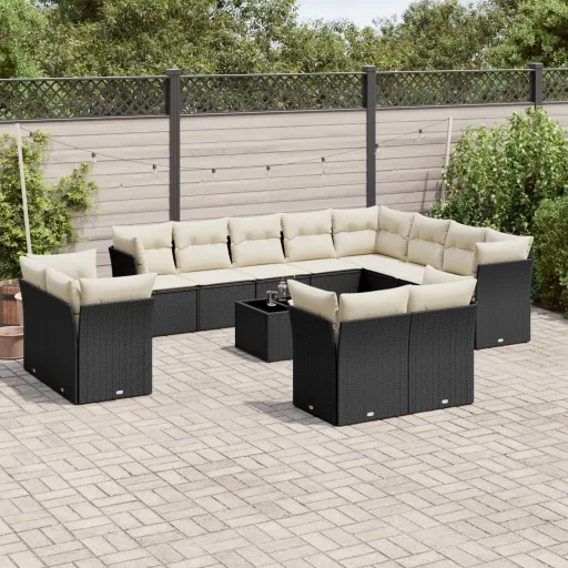 Conjunto de Sofás de Jardim com Almofadões Vime PE Preto (13 pcs)