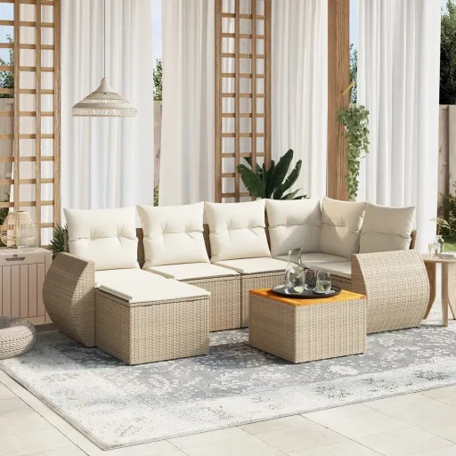 Conjunto de Sofás p/ Jardim com Almofadões Vime PE Bege (7 pcs)