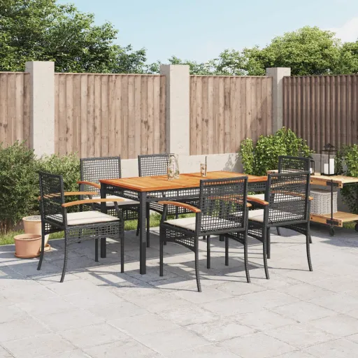 Conjunto de Jantar p/ Jardim c/ Almofadões Vime PE Preto (7 pcs)
