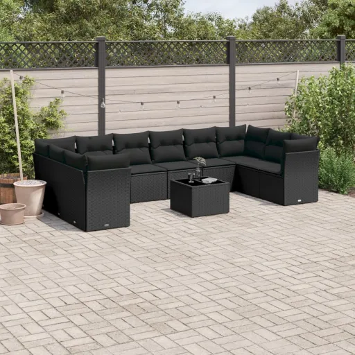 Conjunto Sofás de Jardim c/ Almofadões Vime PE Preto (11 pcs)