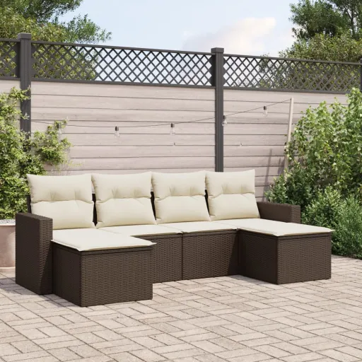 Conjunto de Sofás Jardim c/ Almofadões Vime PE Castanho (6 pcs)