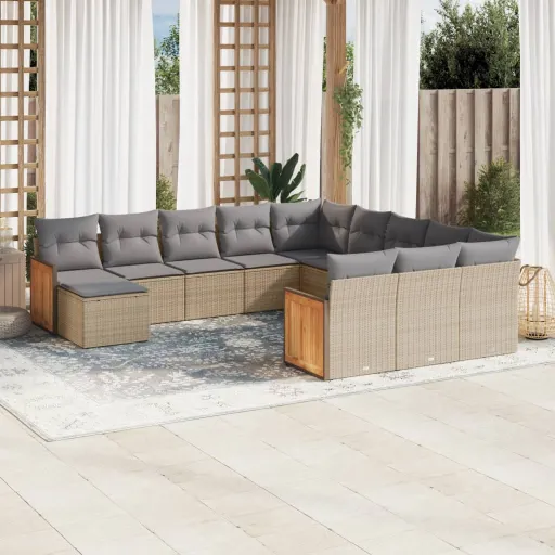 Conjunto de Sofás p/ Jardim com Almofadões Vime PE Bege (12 pcs)