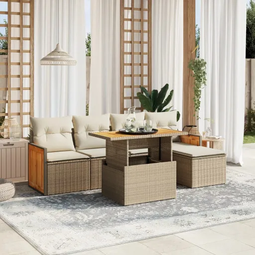 Conjunto de Sofás p/ Jardim com Almofadões Vime PE Bege (6 pcs)
