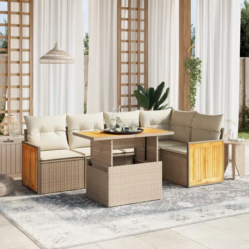 Conjunto de Sofás p/ Jardim com Almofadões Vime PE Bege (6 pcs)