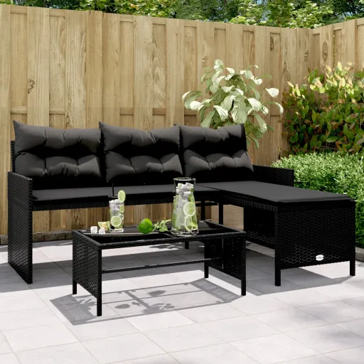 Sofá de Jardim em Forma de L c/ Mesa e Almofadões Vime PE Preto
