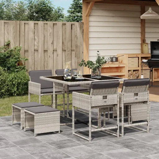 Conjunto de Jantar p/ Jardim c/ Almofadões Cinzento Claro (9 pcs)