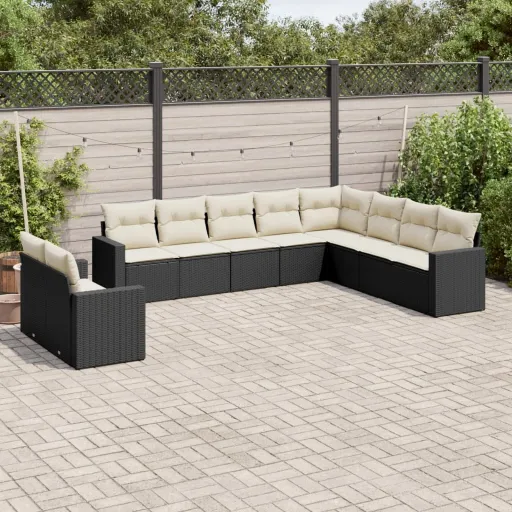 Conjunto Sofás de Jardim c/ Almofadões Vime PE Preto (10 pcs)