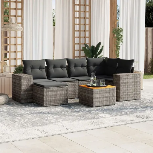 Conjunto Sofás p/ Jardim c/ Almofadões Vime PE Cinzento (7 pcs)