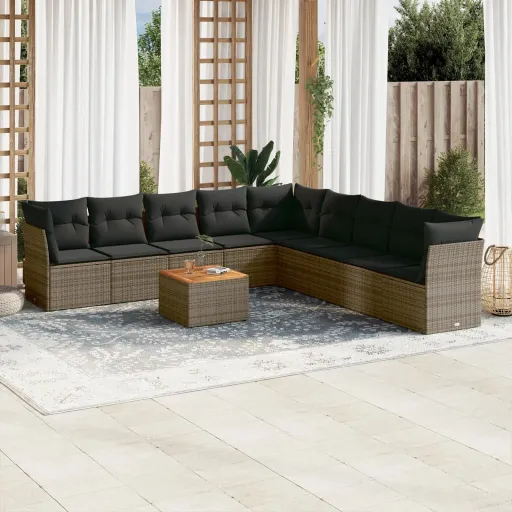 Conjunto Sofás de Jardim c/ Almofadões Vime PE Cinzento (10 pcs)