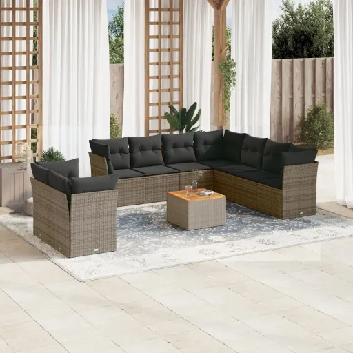 Conjunto Sofás de Jardim c/ Almofadões Vime PE Cinzento (10 pcs)