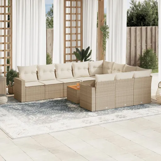 Conjunto Sofás de Jardim c/ Almofadões Vime PE Bege (11 pcs)
