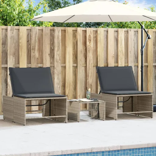 Espreguiçadeiras Modulares com Mesa   Vime PE Cinzento-Claro (2 pcs)