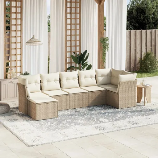 Conjunto de Sofás p/ Jardim com Almofadões Vime PE Bege (7 pcs)