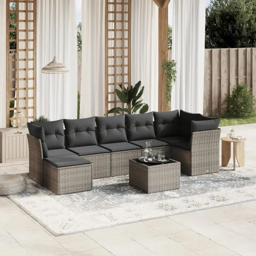 Conjunto Sofás de Jardim c/ Almofadões Vime PE Cinzento (8 pcs)