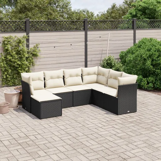 Conjunto de Sofás p/ Jardim c/ Almofadões Vime PE Preto (7 pcs)