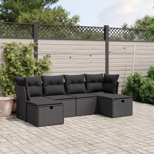 Conjunto Sofás de Jardim c/ Almofadões Vime PE Preto (6 pcs)
