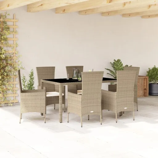 Conjunto de Jantar p/ Jardim com Almofadões Vime PE Bege (7 pcs)