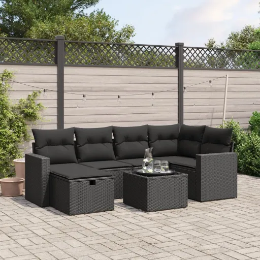 Conjunto de Sofás p/ Jardim c/ Almofadões Vime PE Preto (7 pcs)