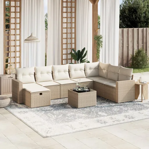Conjunto de Sofás p/ Jardim com Almofadões Vime PE Bege (9 pcs)