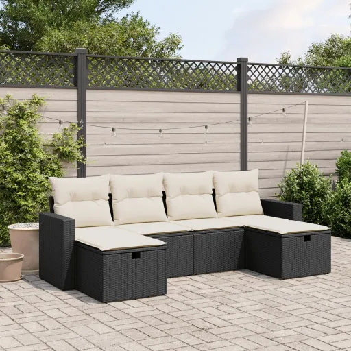 Conjunto Sofás de Jardim c/ Almofadões Vime PE Preto (6 pcs)