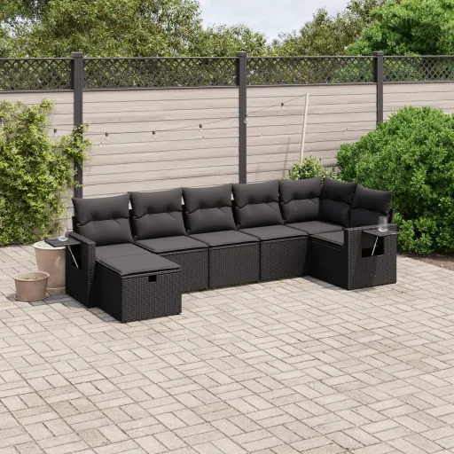 Conjunto de Sofás p/ Jardim c/ Almofadões Vime PE Preto (7 pcs)