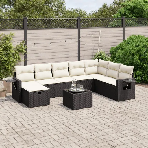 Conjunto de Sofás p/ Jardim c/ Almofadões Vime PE Preto (9 pcs)