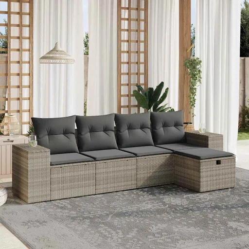 Conj. Sofás Jardim c/ Almofadões Vime PE Cinzento-Claro (5 pcs)