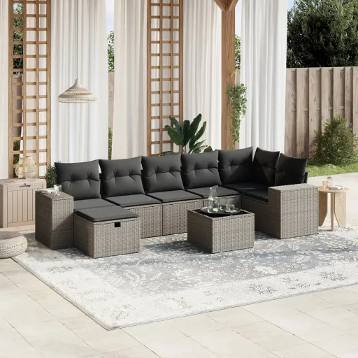 Conj. Sofás Jardim c/ Almofadões Vime PE Cinzento-Claro (8 pcs)