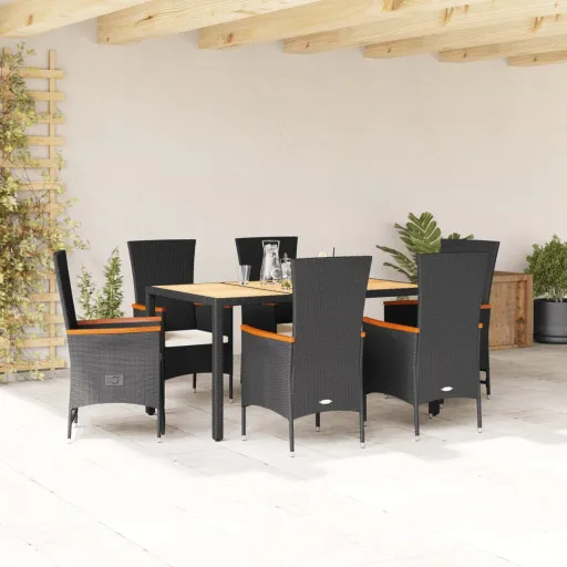 Conjunto de Jantar p/ Jardim c/ Almofadões Vime PE Preto (7 pcs)