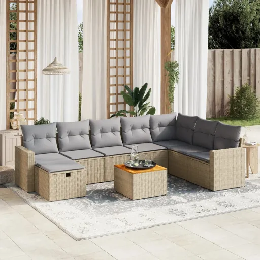 Conj. Sofás Jardim c/ Almofadões Vime PE Bege Misturado (9 pcs)